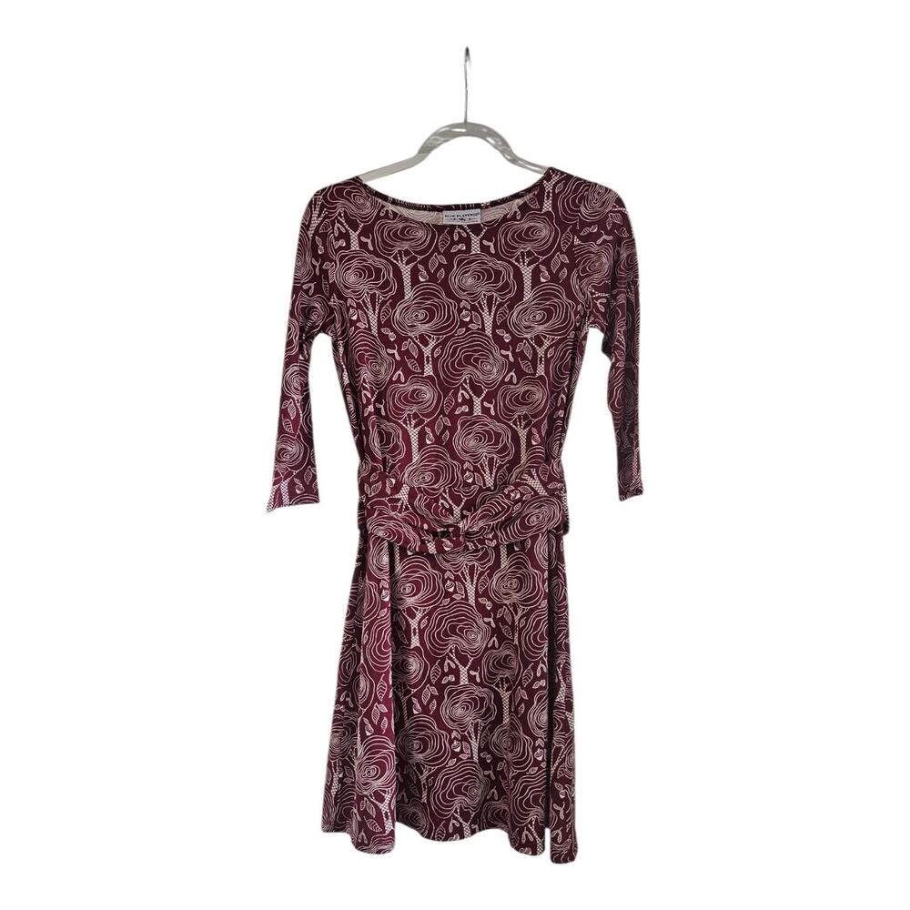 Blue Platypus Fit Flare Dress Womens XS Abstract Trees Fall Burgundy Teacher USA